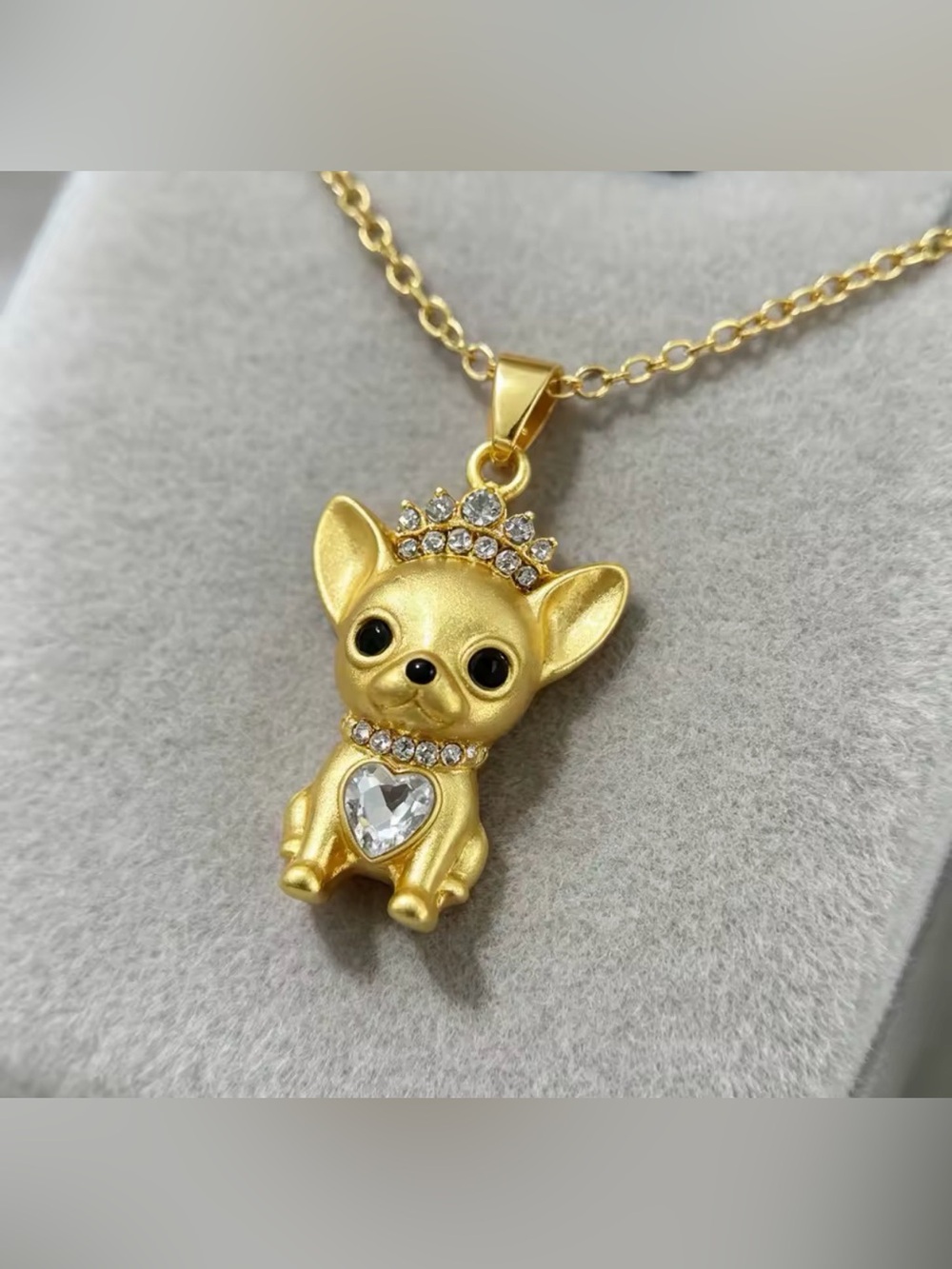 Chihuahua Puppy Dog Crystal Adorned Crown Heart Gold Tone Pendant Necklace